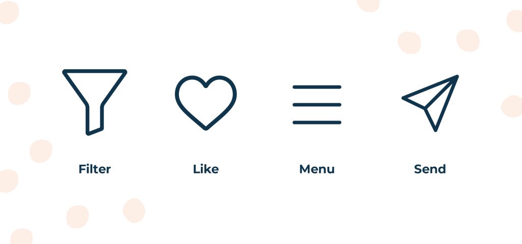 Icons with labels underneath them. A funnel icon with the word filter as a label, a heart with the word like as a label, a hamburger icon made up of three parallel lines with a menu label underneath and a paper aeroplane icon with the word send underneath.