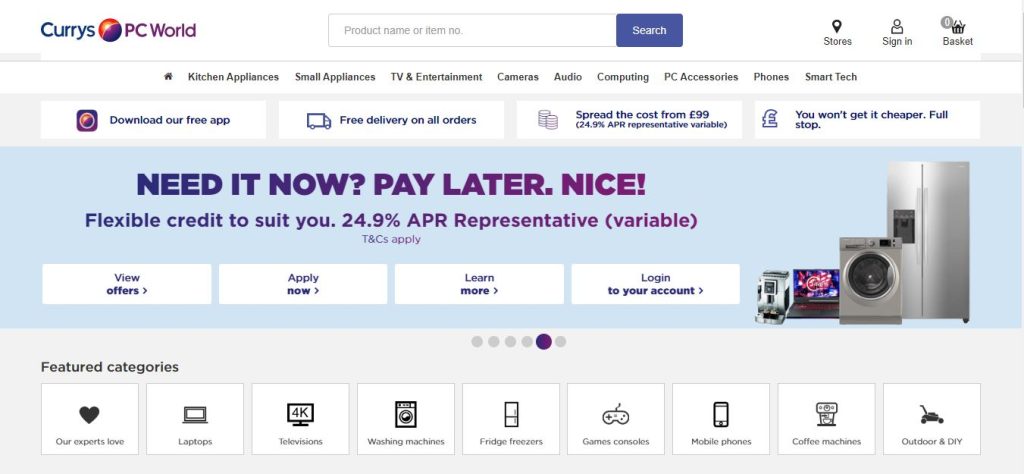 Screenshot of the Currys PC World website.