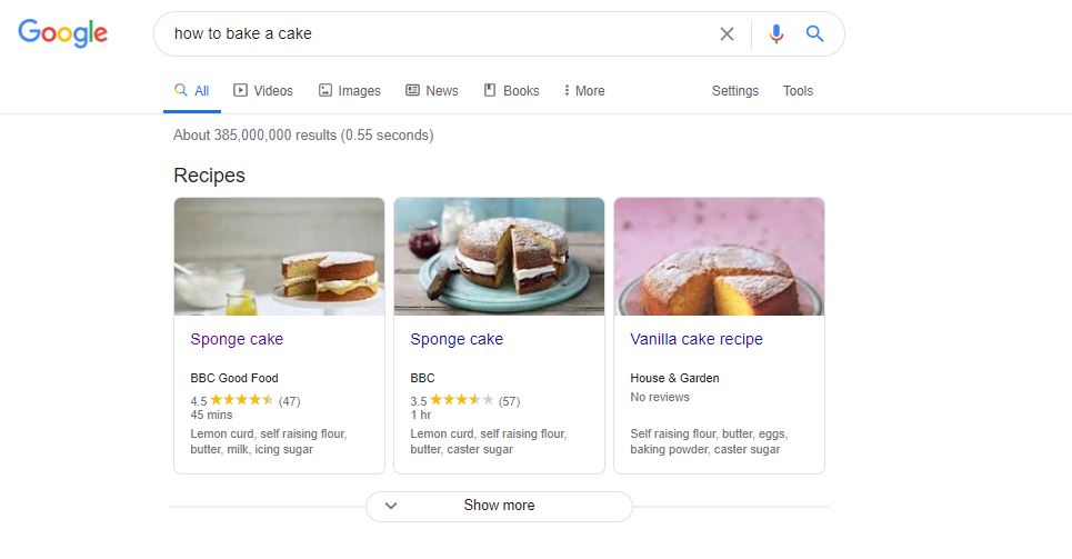 recipe rich snippet for search term "how to bake a cake"